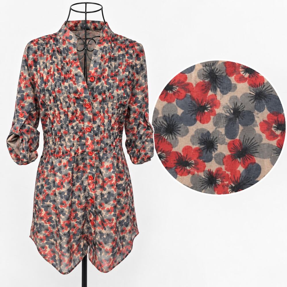 Dark Floral Pintuck Tunic Top XL Button Front Roll Tab Sleeve
